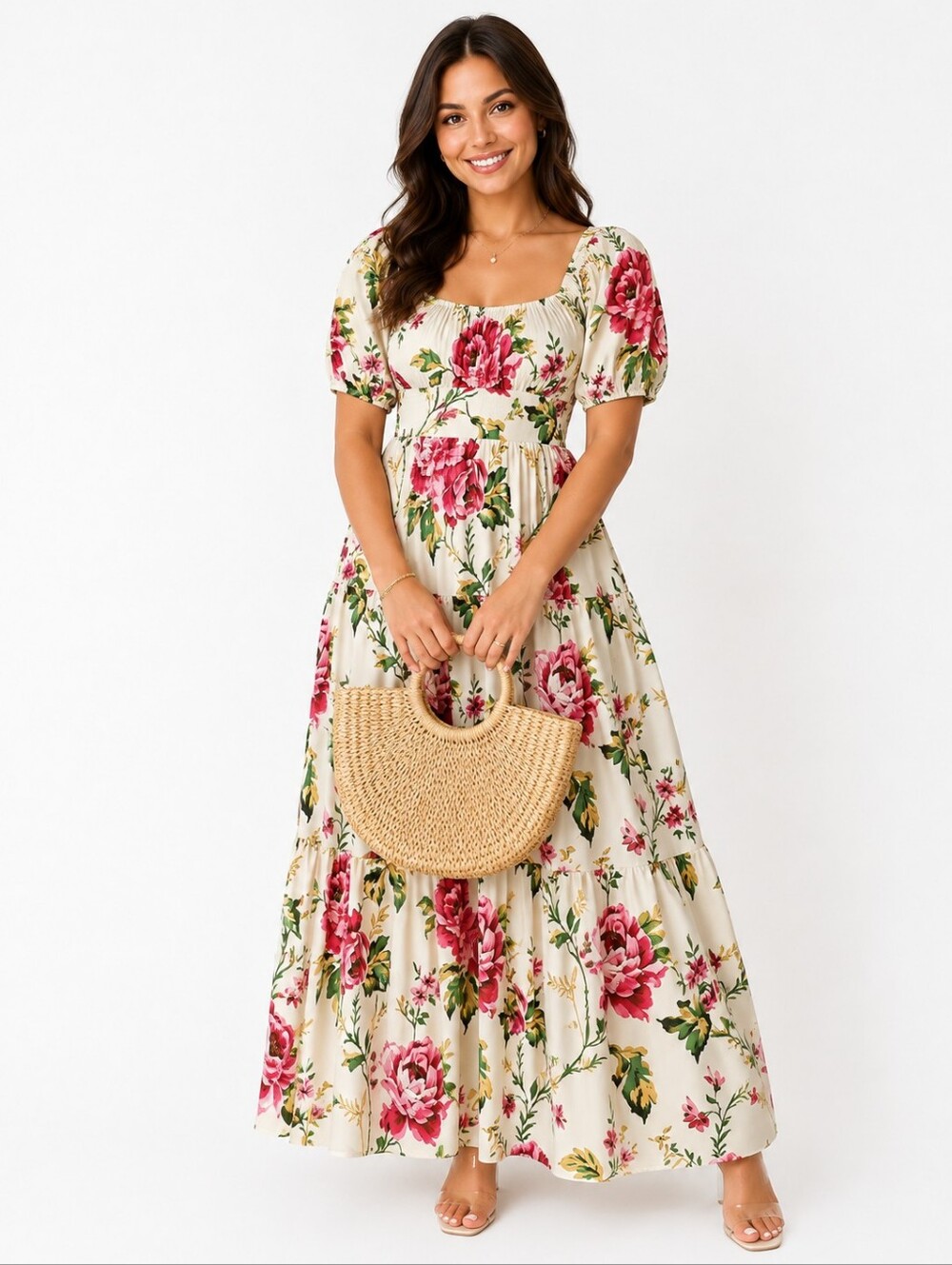 Floral Maxi Dress in Cream with Pink Blooms Size 1X